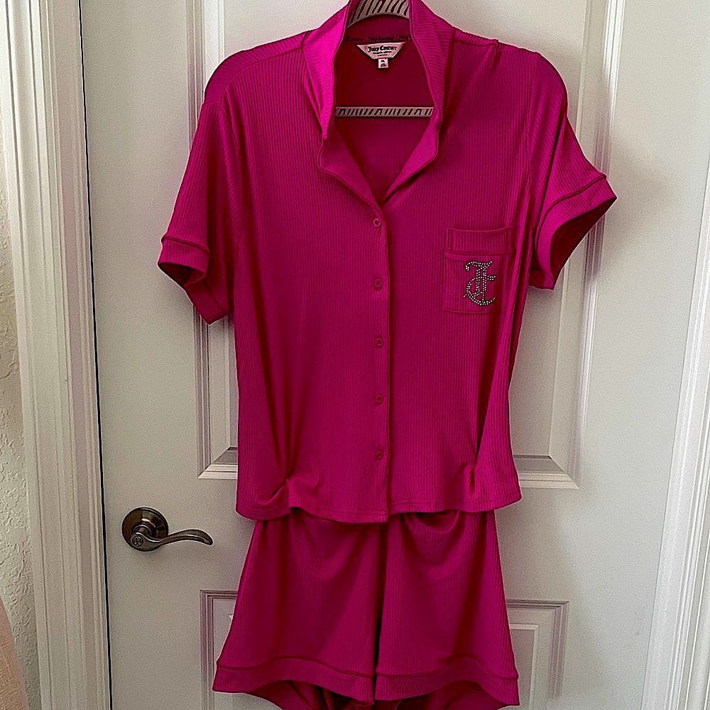 Juicy Couture Fuchsia JUICY Sleepwear Set Sparkle Studs logos XL 14/16